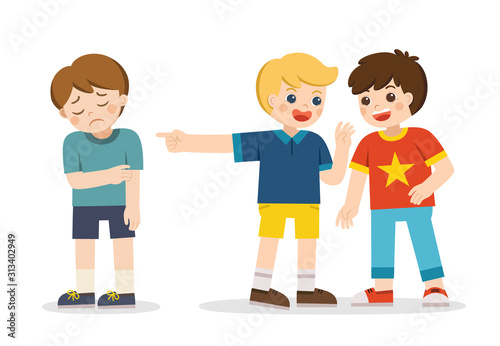 Boy student getting bullied in school. Sad boy standing around and bullying person. Problem of bullying at school. Sad moment.