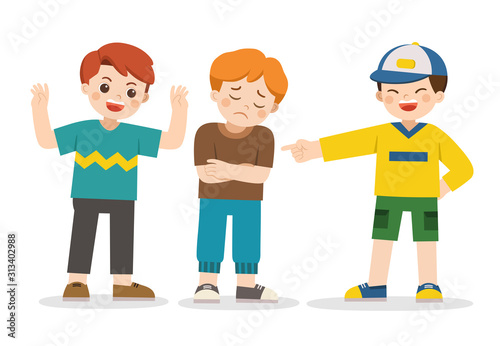 Boy student getting bullied in school. Sad boy standing around and bullying person. Problem of bullying at school. Sad moment.