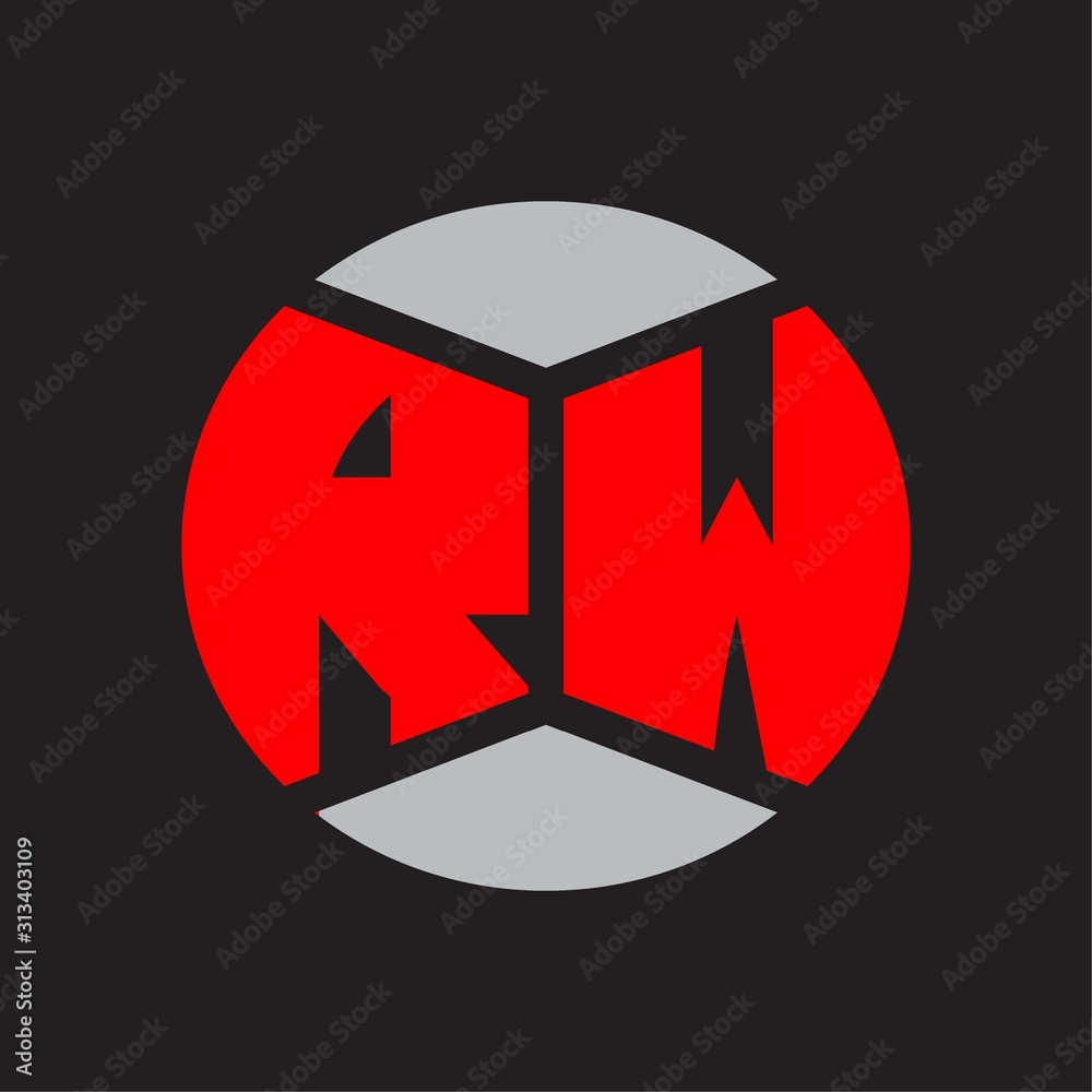 RW Logo monogram with piece circle ribbon style on red colors and black background