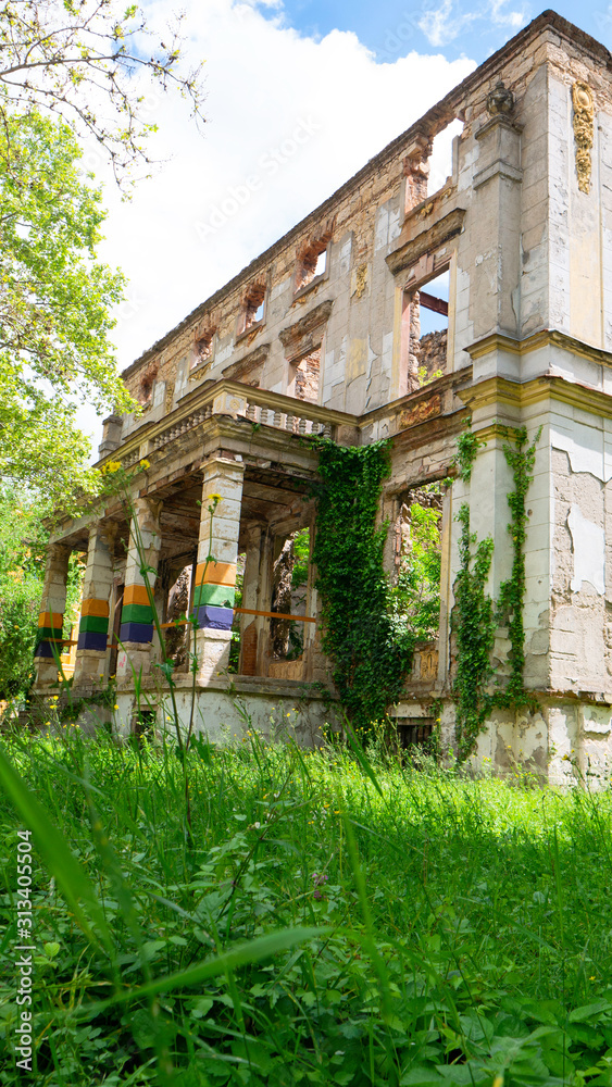 Destroyed building at the former front line of the war on Mostar. Palace bombed during the 1992-1995 Bosnian War facing the Zrinjski City Park, a public park on the western side of the city of Mostar