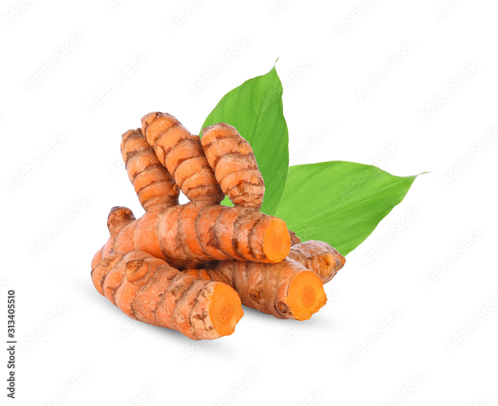 turmeric rhizome and leaf on white background turmeric rhizome and leaf on white background
