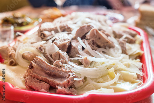 Dishes beshparmak. National Kazakh food close up photo