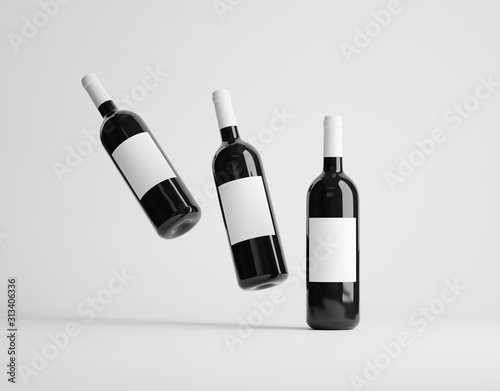 Three red wine bottles mockup over white background. 3D render