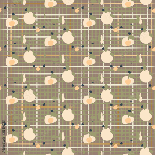 Seamless checkered net pattern hand drawn dot scratch shapes texture vector.