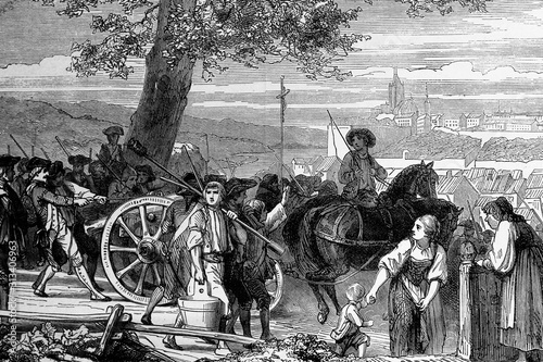 Insurrection of the farmers of Oberland, march on Bern. Napoleonic wars. Antique illustration. 1890.