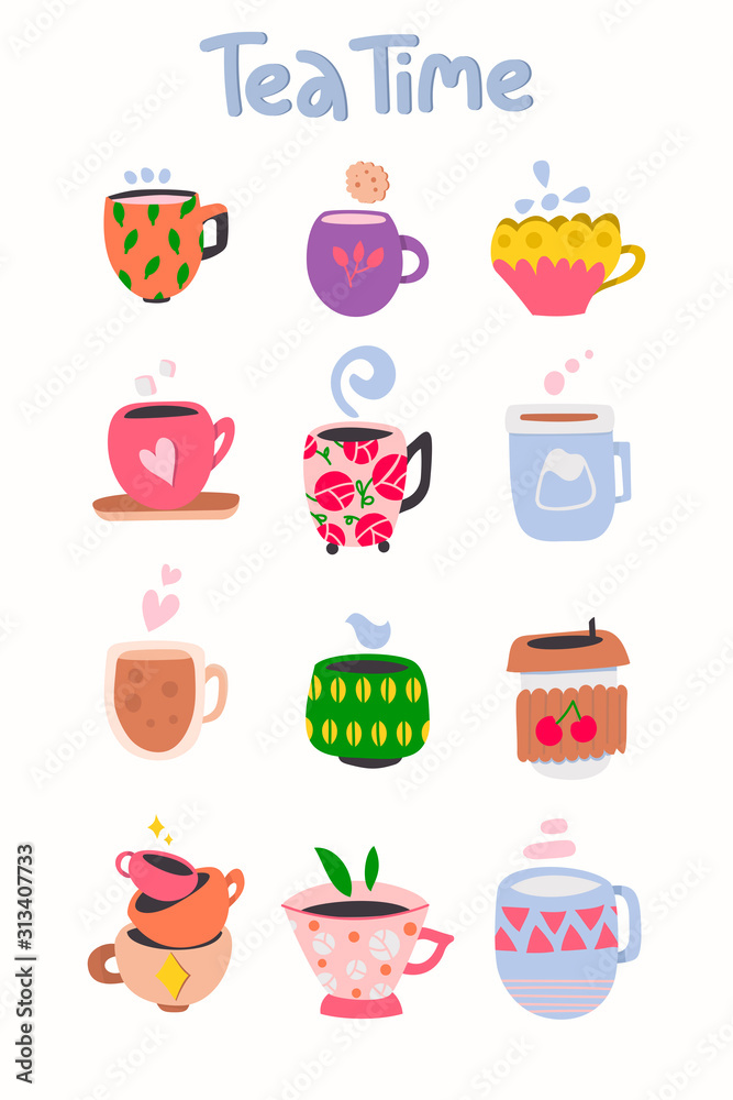 Set of various cups with tea or coffee. Different ornaments. Hand drawn colored trendy vector illustration.  Flat design. Eps 10. 