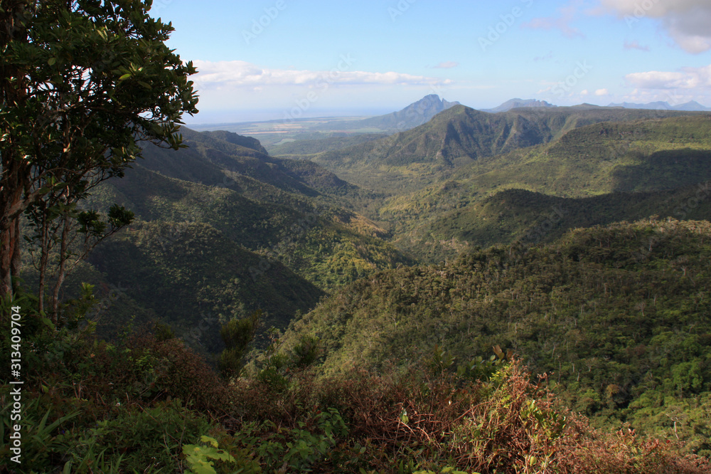 Spectacular view from a viewing point, overlooking the Black River Gorges National Park, Mauritius, towards the north