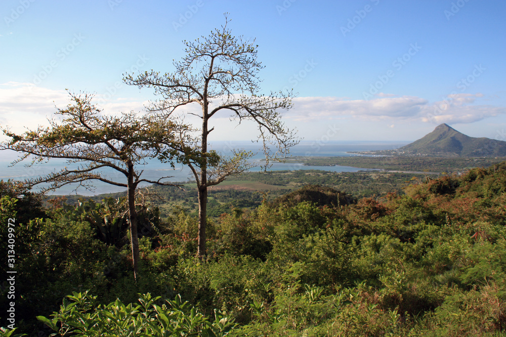 Fototapeta premium Scenic view at the Tamarin Bay at the western coast of Mauritius with it's surrounding mountains and hills