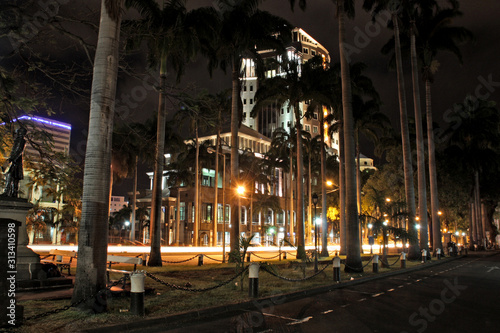A small park lined with tall palm trees between the two one way lanes of the Intendance Street during night - Place d'Armes, Port Louis, Mauritius