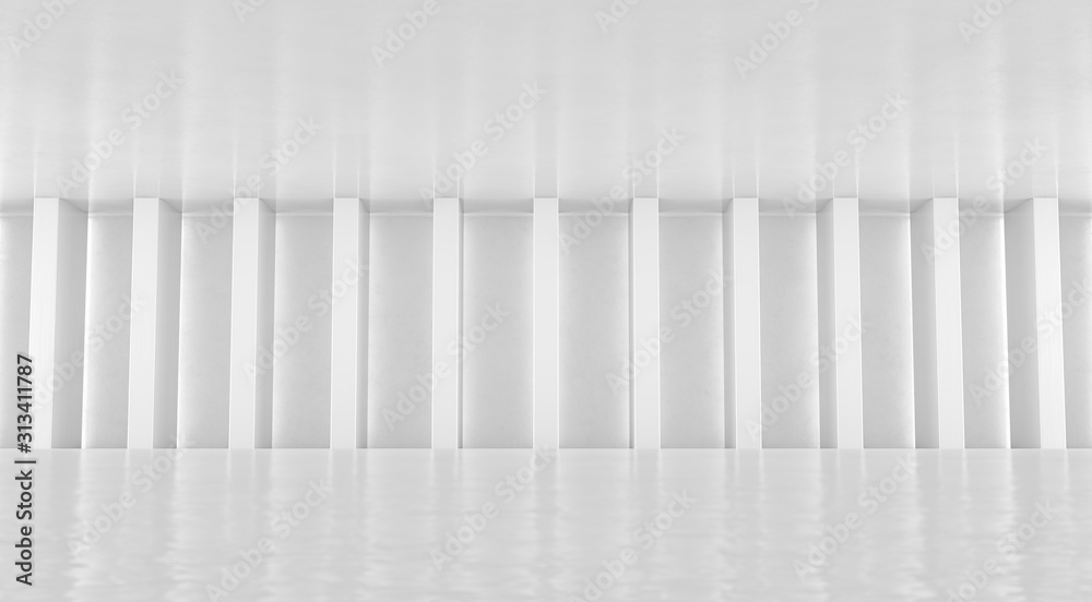 Abstract white floor and wall background with columns. Modern showroom design. Futuristic interior view. 3d Rendering. Abstract white floor and wall background with columns. Modern showroom design. Futuristic interior view. 3d Rendering.
