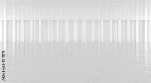 Abstract white floor and wall background with columns. Modern showroom design. Futuristic interior view. 3d Rendering.