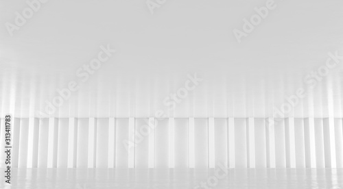 Abstract white floor and wall background with columns. Modern showroom design. Futuristic interior view. 3d Rendering.