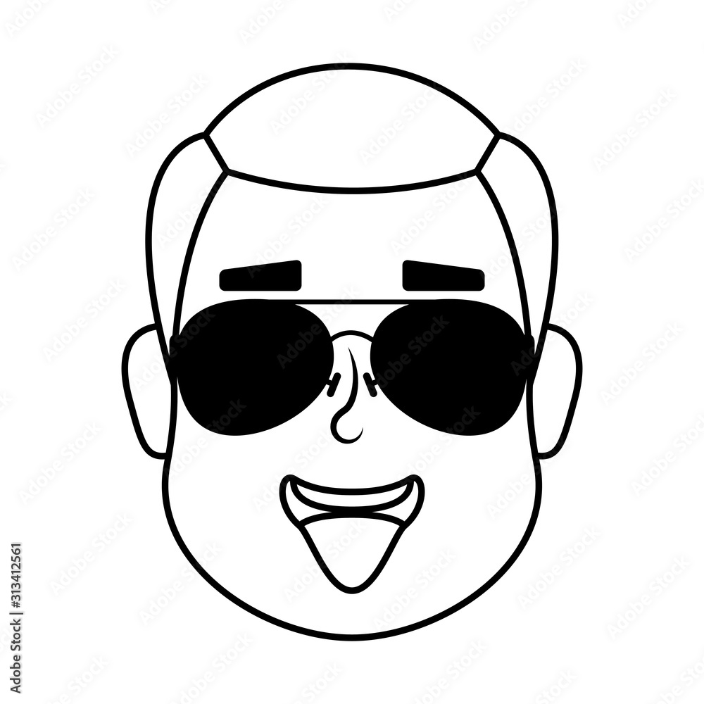 young man head with sunglasses character young man head with sunglasses character