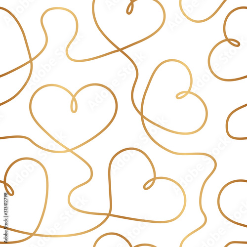 Elegant golden continuous hearts. Outlined gold heart seamless pattern. Beautiful background for design gift pack, wrapping paper, wrapper, wallpaper, interior, prints, package, textile, packaging