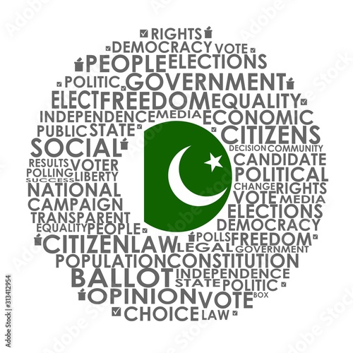 Words cloud relative for voting. Circle frame. Flag of the Pakistan