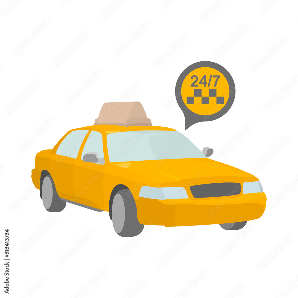 Taxi order icon 24 hours. Cloud with the image of a taxi symbol and work time. Isolated vector on a white background. Suitable for ads on the site or in a mobile application, as well as on your