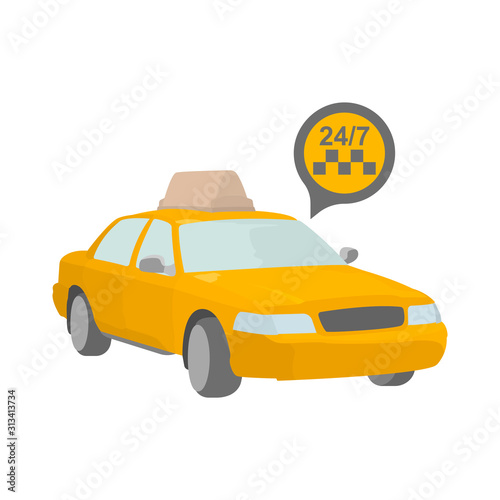 Taxi order icon 24 hours. Cloud with the image of a taxi symbol and work time. Isolated vector on a white background. Suitable for ads on the site or in a mobile application, as well as on your © Artem
