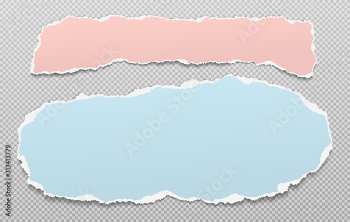 Piece of torn pink and blue paper strip with soft shadow are on grey squared background. Vector illustration