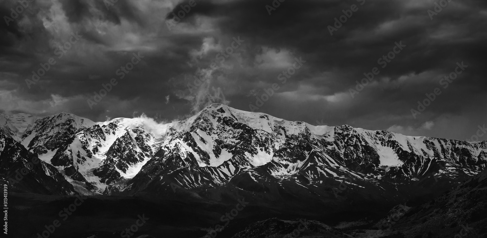 black-and-white panorama of the Chui ridge on the Altai Mountains, Russia,