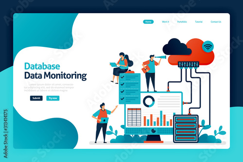 Database data monitoring landing page design. maintain user data security and protection. analysis and statistics of user behavior chart. vector illustration for poster, website, flyer, mobile app
