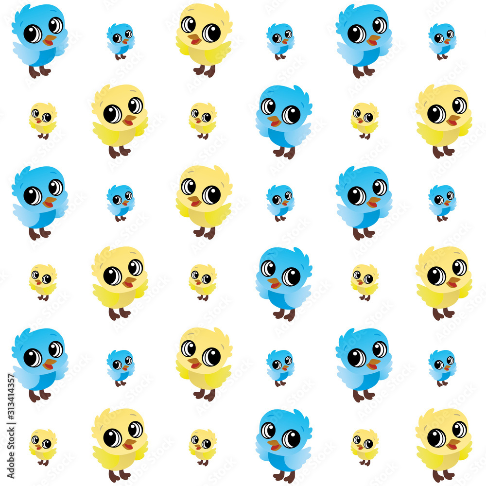 The Amazing of Cute Yellow and Blue Baby Bird Cartoon Illustration, Cartoon Funny Character, Pattern Wallpaper