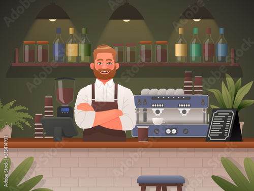 Barista in a cafe shop. Small business concept. Happy man in apron, cafeteria worker. Vector illustration