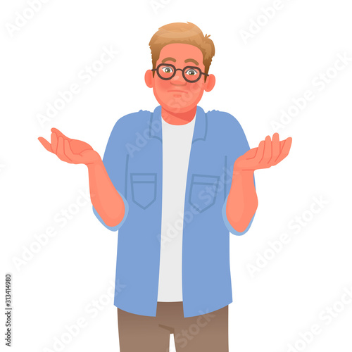 Confused man shrugs. Gesture Oops or I do not know. Concept of question. Vector illustration