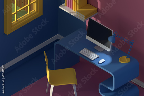 3D render. Isometric view of interior in minimalistic modern cartoon style.Room in evening sunlight. with chair, table, computer, window.Colorful yellow,blue, pink mock up 3d Scene rendering. © Sibashouse
