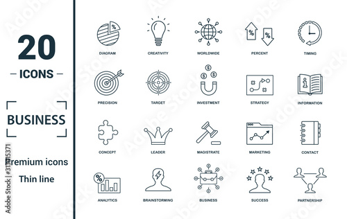 Business icon set. Include creative elements diagram, worldwide, precision, strategy, concept icons. Can be used for report, presentation, diagram, web design