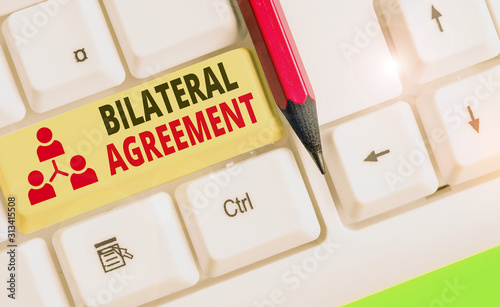 Text sign showing Bilateral Agreement. Business photo showcasing Legal obligations to nonbinding agreements of principle photo