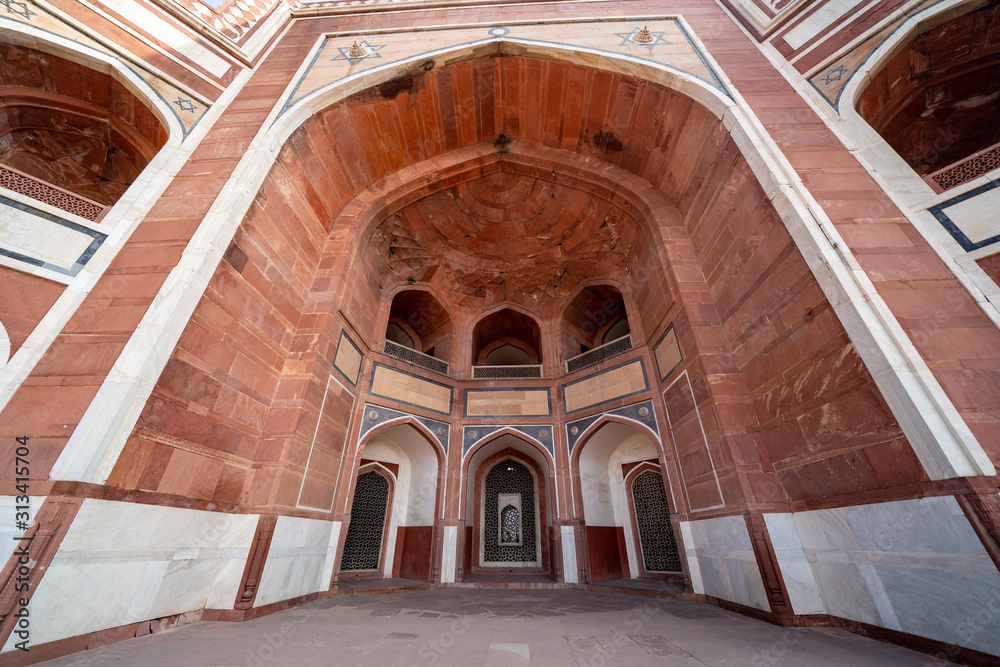 Architectural doorways and arches at the Humayan's Tomb ancient historical complex in New Delhi India