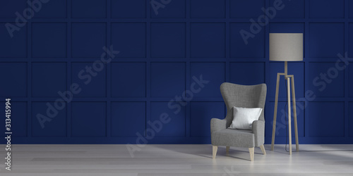 modern room with Blue sofa with fabric on the wooden floor in empty room interior background home designs 3d rendering , Blue sofa with fabric in front of empty pink wall objects home decoration