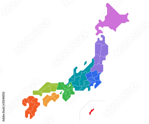 日本地図　地方別　県別　Rounded（ベクターデータは都道府県ごとにレイヤー分け）