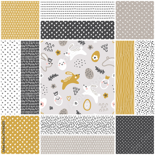 Cute set of childish Easter seamless patterns with hand drawn rabbits and eggs, creative spring design in naive art doodle style