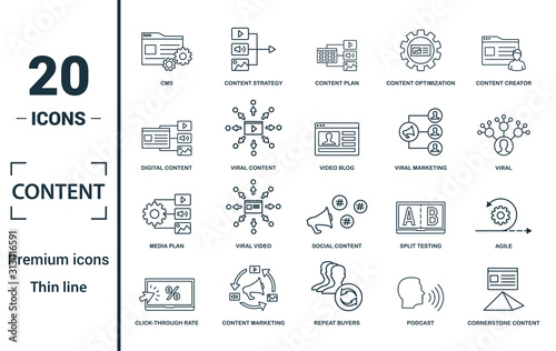 Content icon set. Include creative elements cms, content plan, digital content, viral marketing, media plan icons. Can be used for report, presentation, diagram, web design