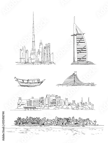 Illustration of the Dubai buildings and beaches. Set of sketch icons include Burj Khalifa, the City, tourist boat, Jumeirah beach and hotel.