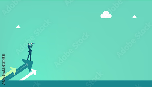 Businessman looking into the future with the telescope. Finding new business opportunity. Business concept illustration photo