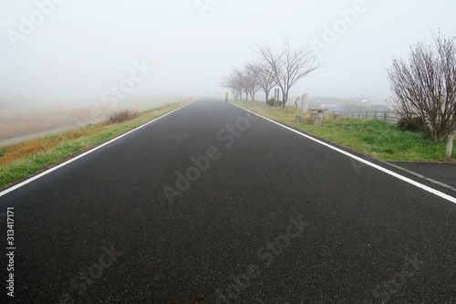 冬の朝霧の江戸川サイクリング道路風景