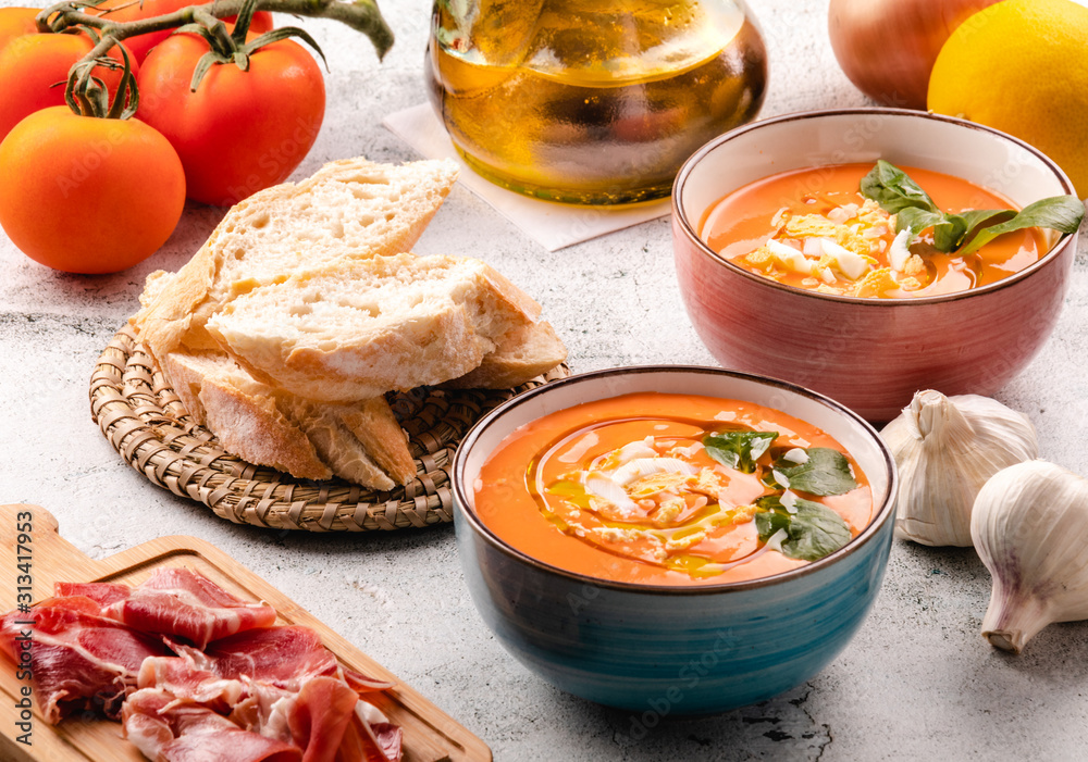 Salmorejo Soup With Ham And Eggs In A Bowl