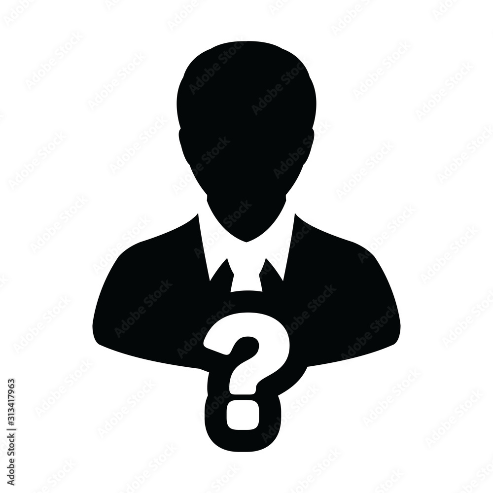 Ask icon vector question mark with male user person profile avatar symbol for help sign in a glyph pictogram illustration Ask icon vector question mark with male user person profile avatar symbol for help sign in a glyph pictogram illustration