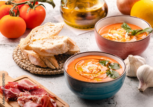 Salmorejo Soup With Ham And Eggs In A Bowl photo