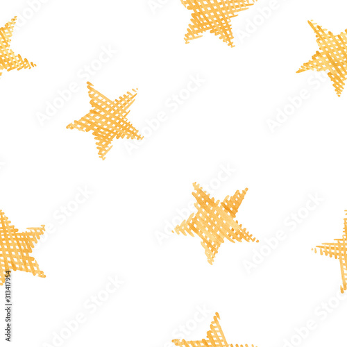 Beautiful seamless pattern with watercolor hand drawn stars. Starry sky. Stock Illustration.