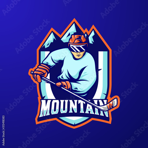 stock vector hockey player emblem with mountain background. sports logo illustration