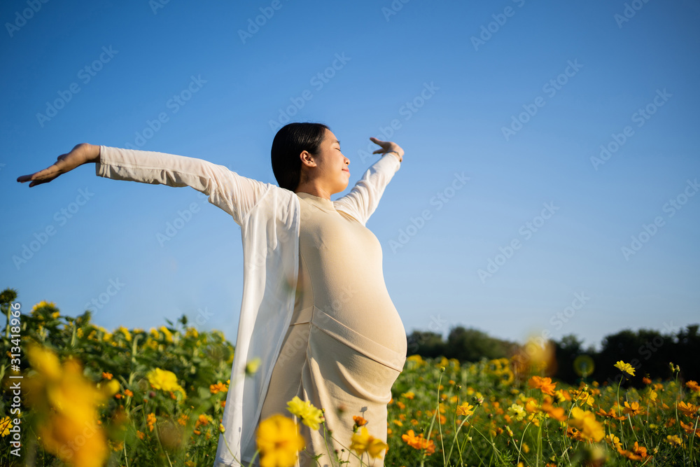 Pregnant woman is relaxing in the flower garden. Pregnant woman is relaxing in the flower garden.