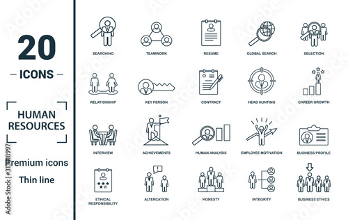 Human Resources icon set. Include creative elements searching, resume, relationship, head hunting, interview icons. Can be used for report, presentation, diagram, web design