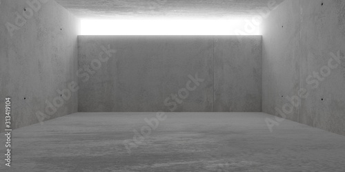 Abstract empty, modern concrete room with lighting from ceiling opening in back wall - industrial interior background template, 3D illustration