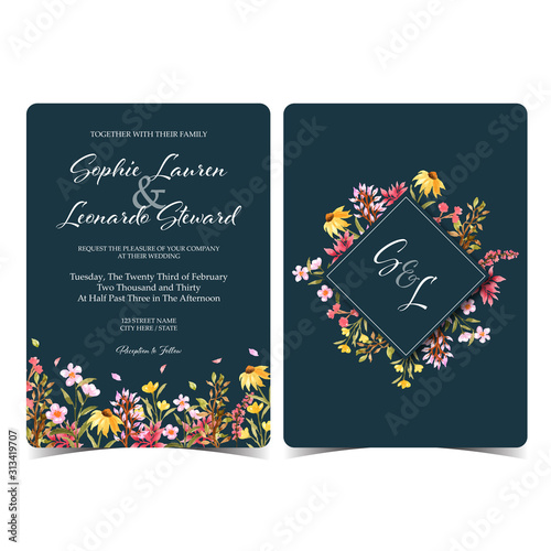 gorgeous wild floral wedding invitation with monogram