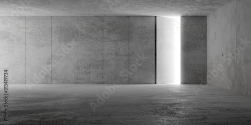 Abstract empty, modern concrete room with indirect lighting from side wall and door opening in backwall - industrial interior background template, 3D illustration