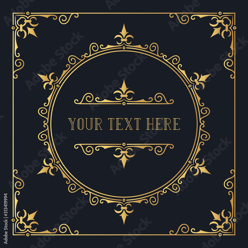 Hand drawn golden elegant squared frame with ornate borders and corners. Gold classic wedding invitation template. Vector isolated Victorian pattern.