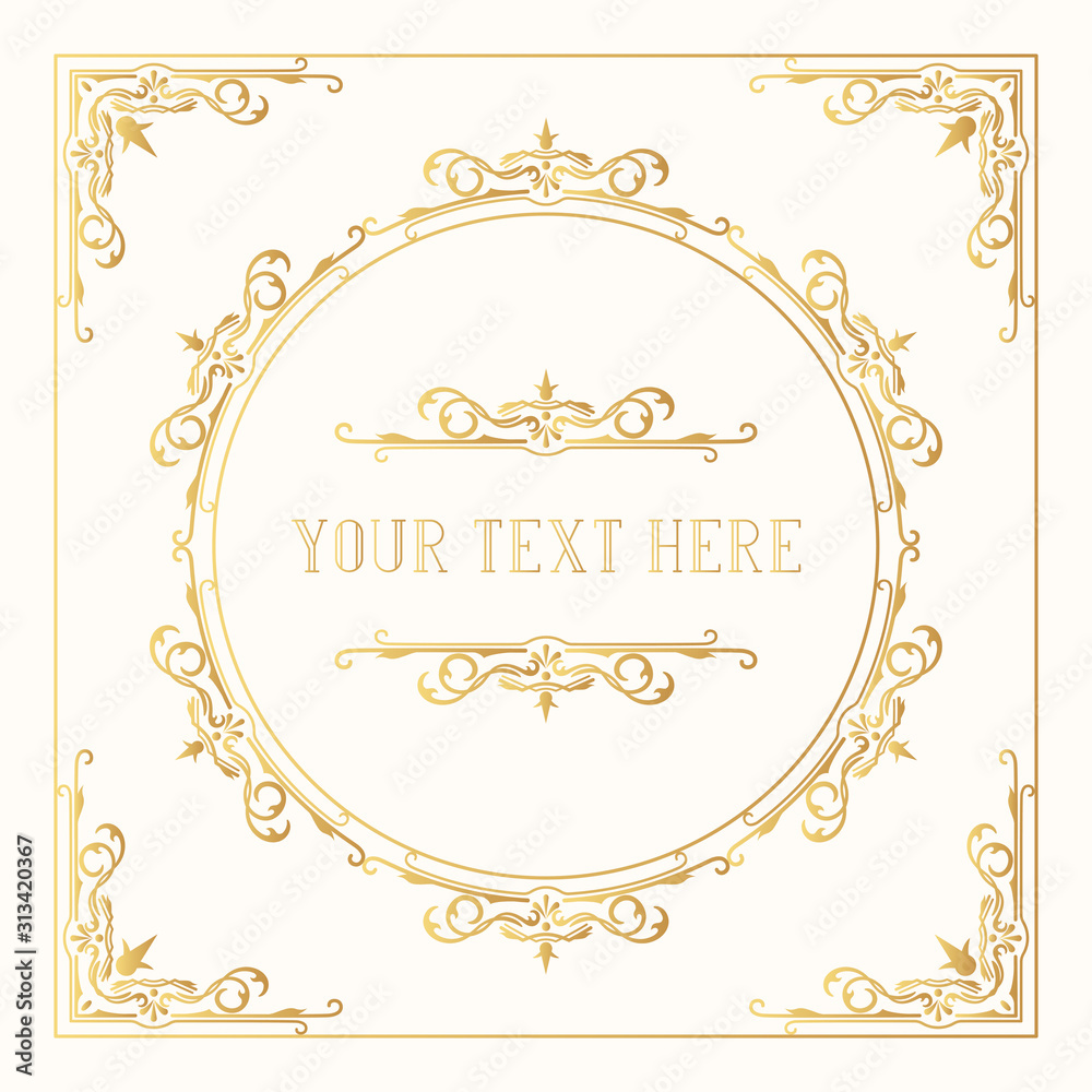 Golden elegant squared frame with ornate gold borders and corners. Vector isolated Victorian pattern. Classic wedding invitation design template. Golden elegant squared frame with ornate gold borders and corners. Vector isolated Victorian pattern. Classic wedding invitation design template.